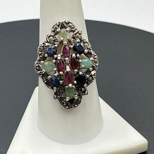 Designer Sterling Emerald Ruby Sapphire Marcasite Gemstone Cocktail ring Sz 9